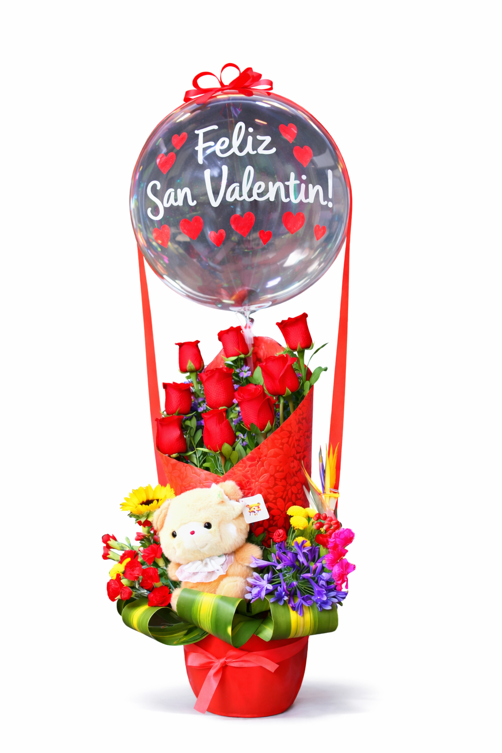 Arreglo Floral San Valentín con Globo Burbuja