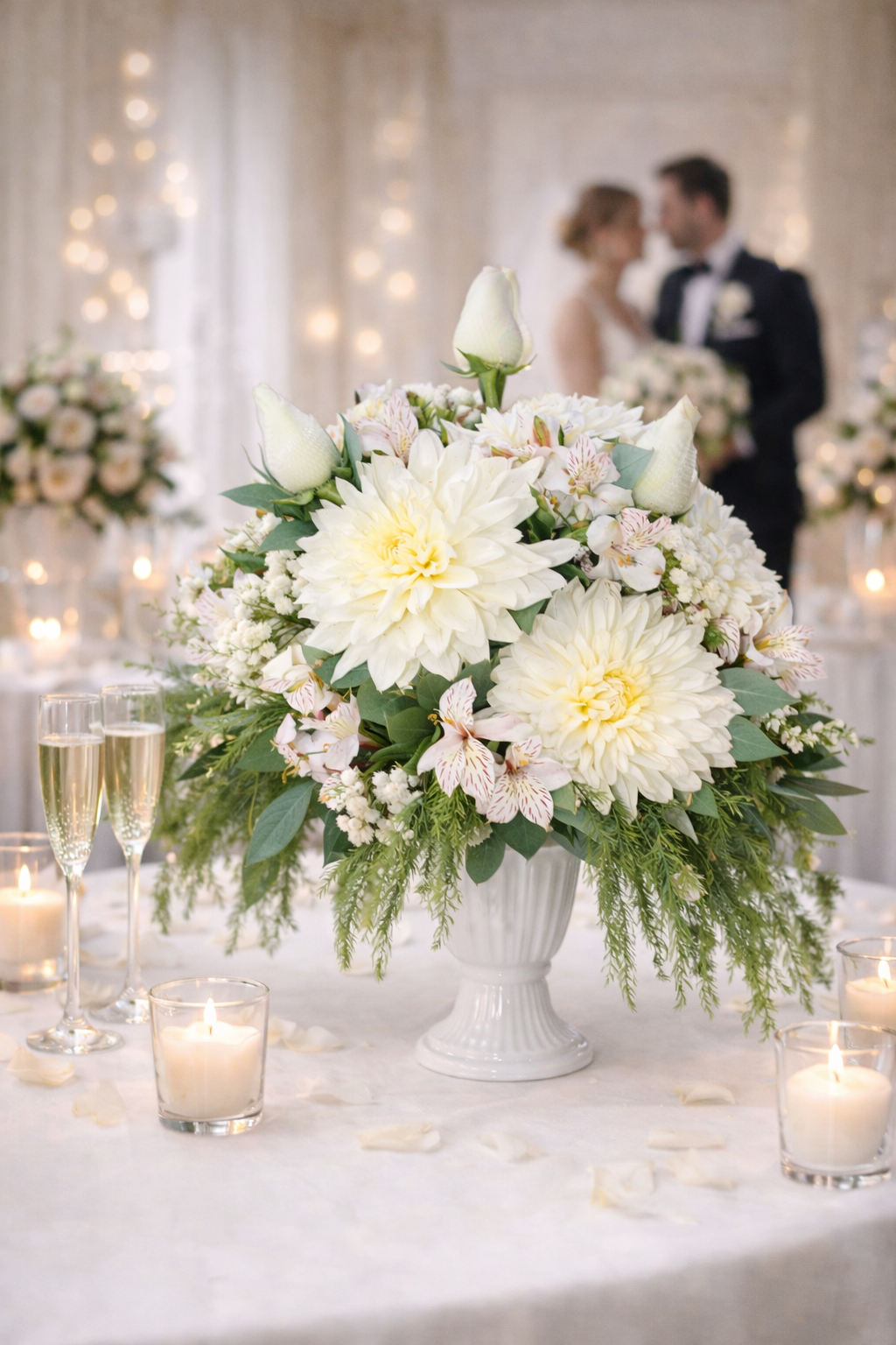 Arreglo de Rosas Blancas, Dahlias y Alstroemerias