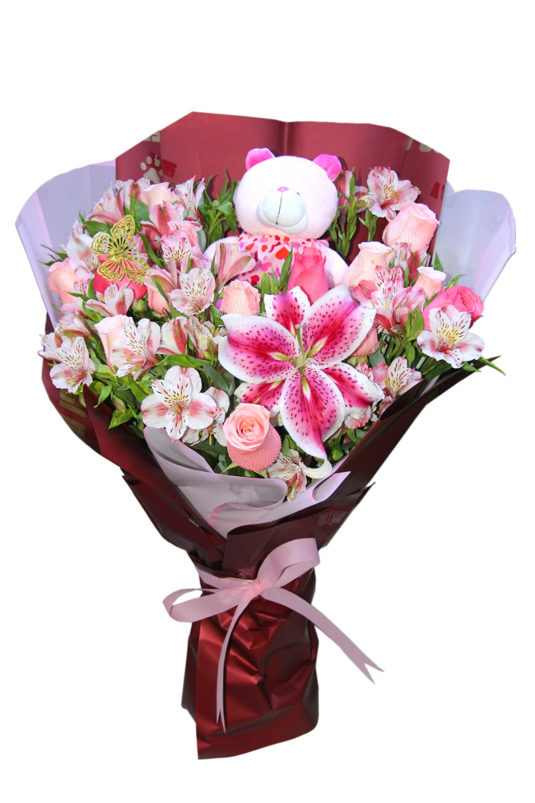Ramo de flores y lirios rosados con peluche