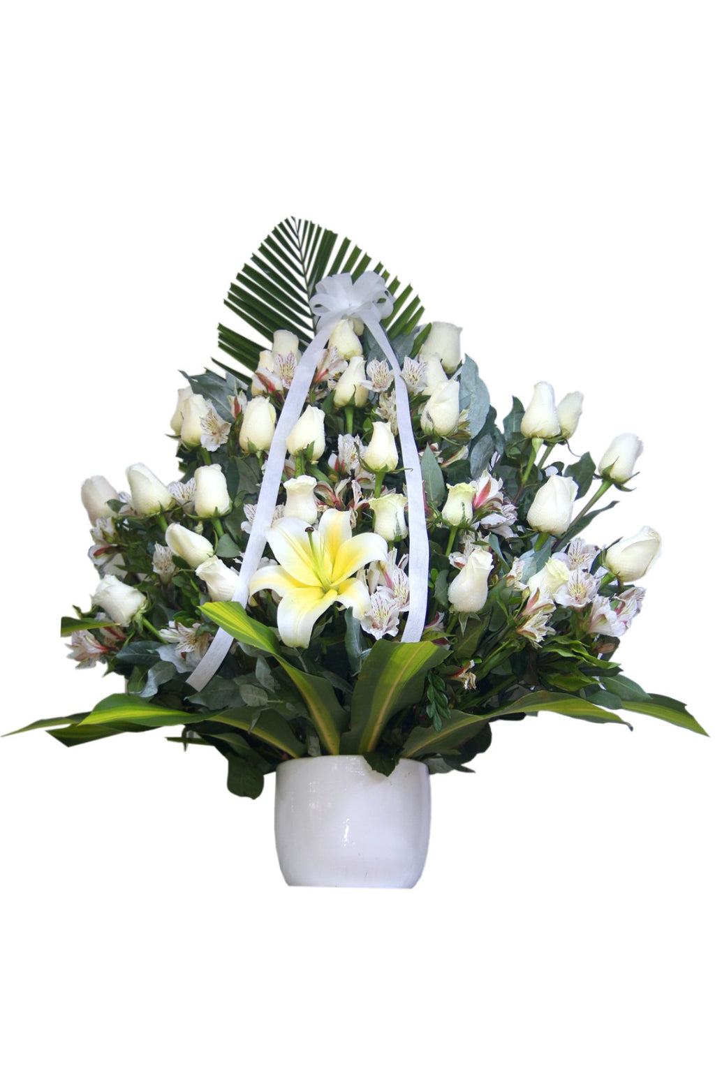 Centro Floral con Rosas Blancas y Lirio Amarillo