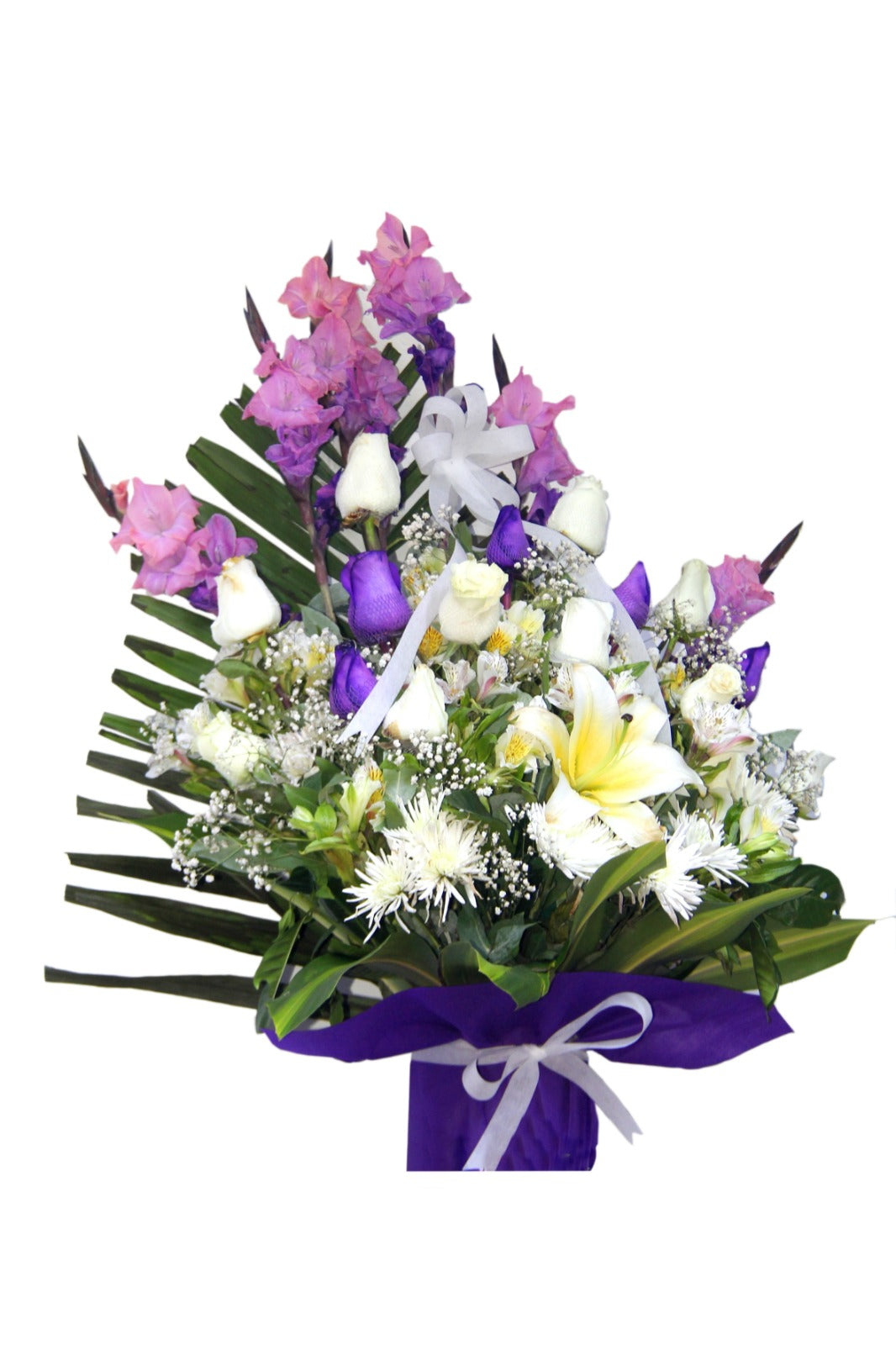 Arreglo de Rosas y Flores varias de color Morado y Blanco