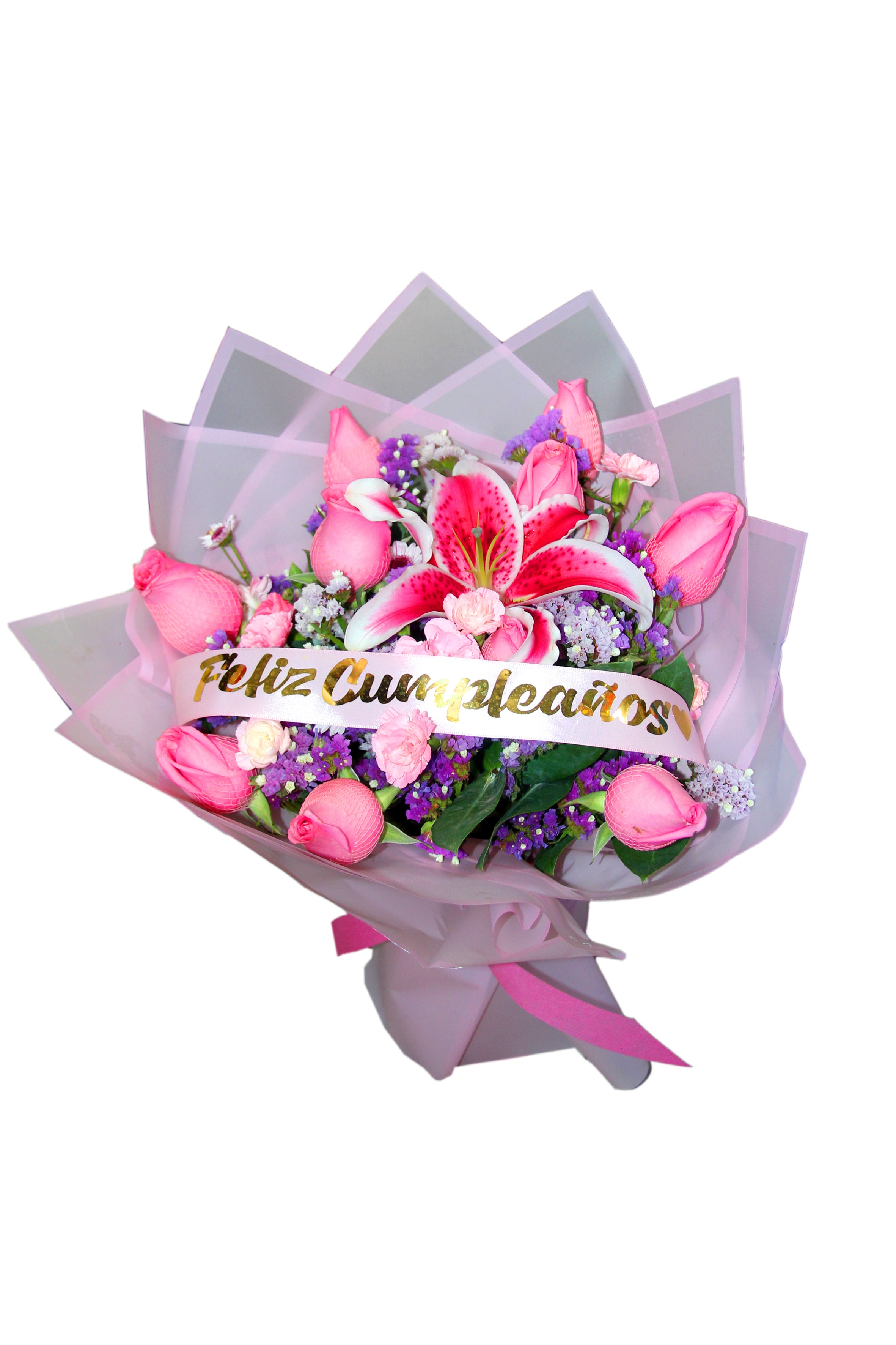 Bouquet de Rosas con Lirios Rosadas