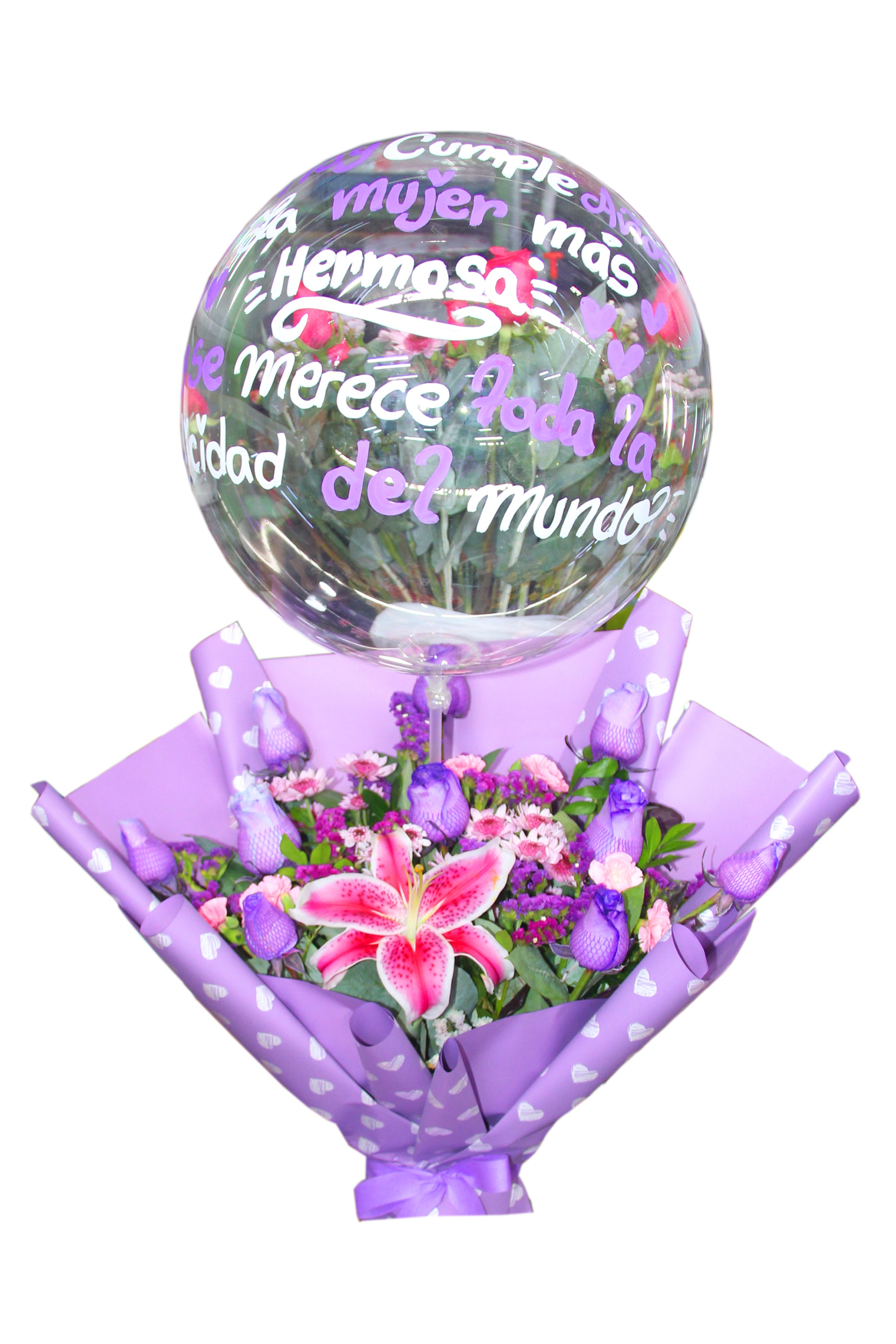 Bouquet Lirios y Rosas Moradas con globo