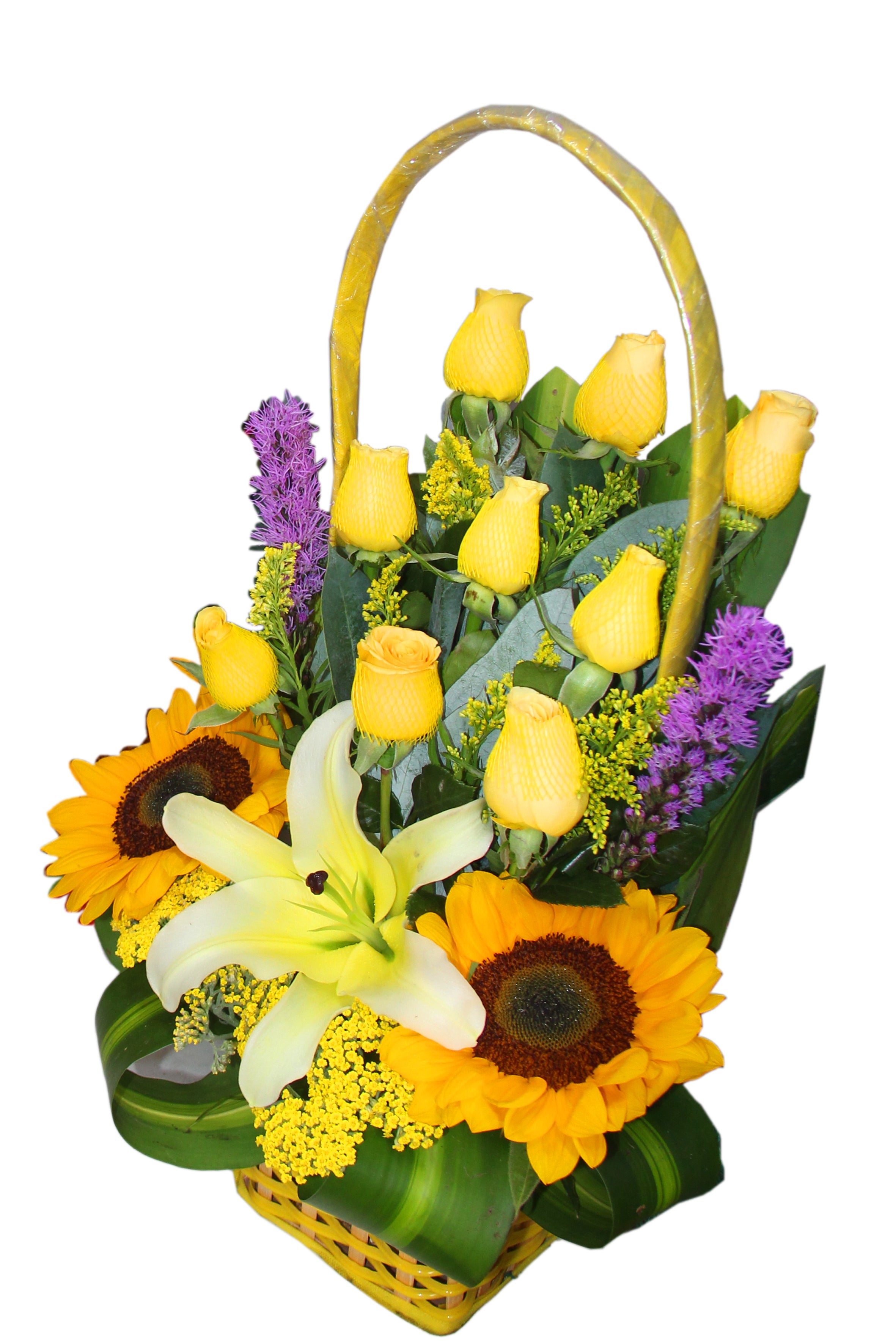 Canasta Amarilla de Rosas con Girasoles y Lirios