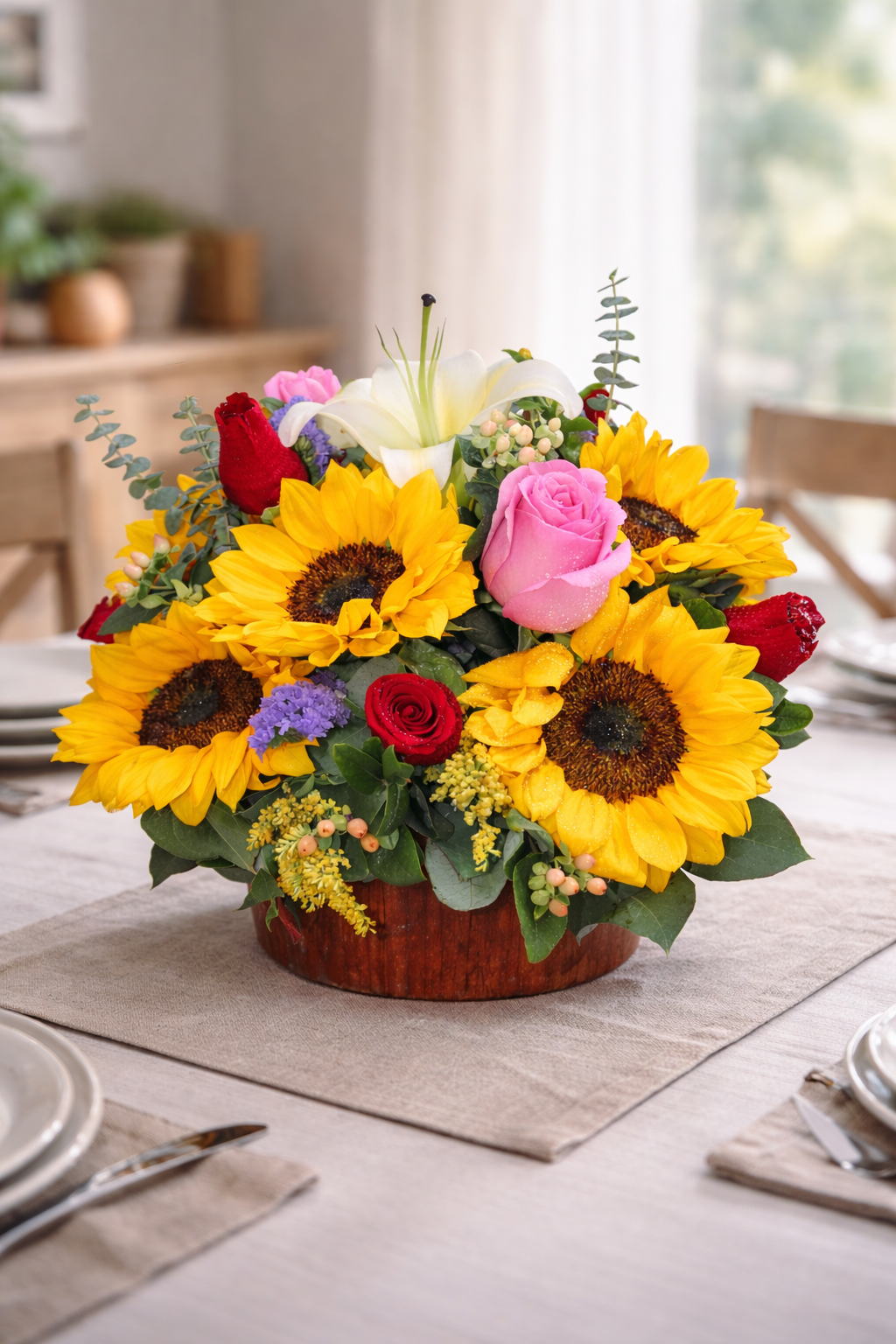 Centro de Mesa de Girasoles y Rosas