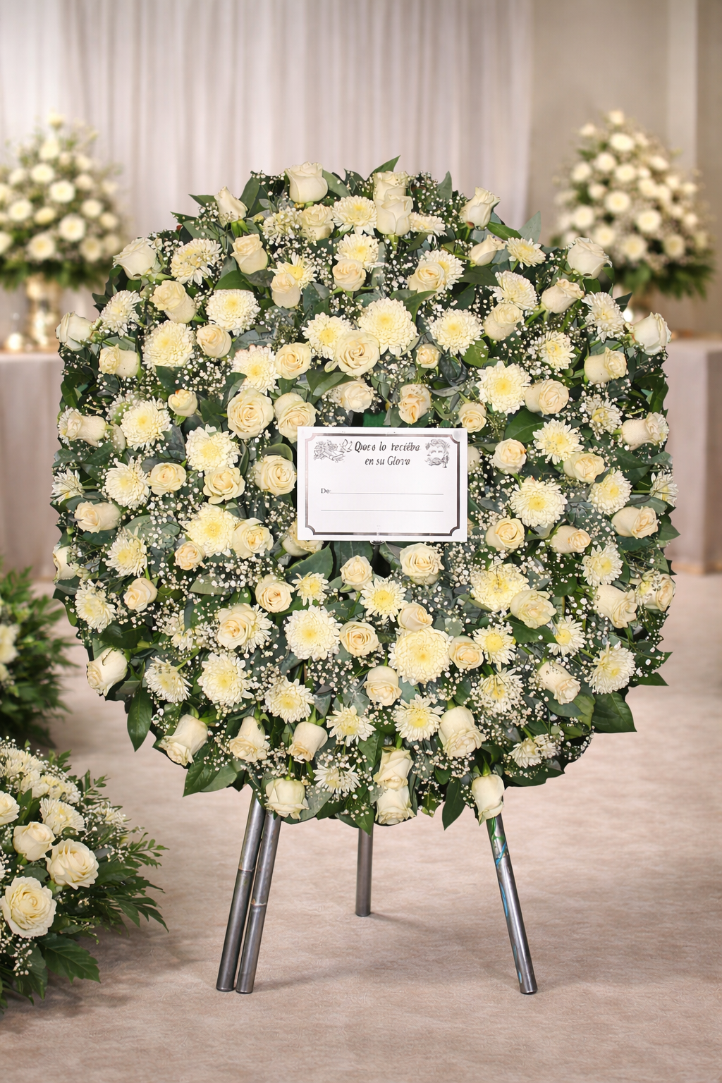 Corona Fúnebre Blanca de Rosas y Crisantemos