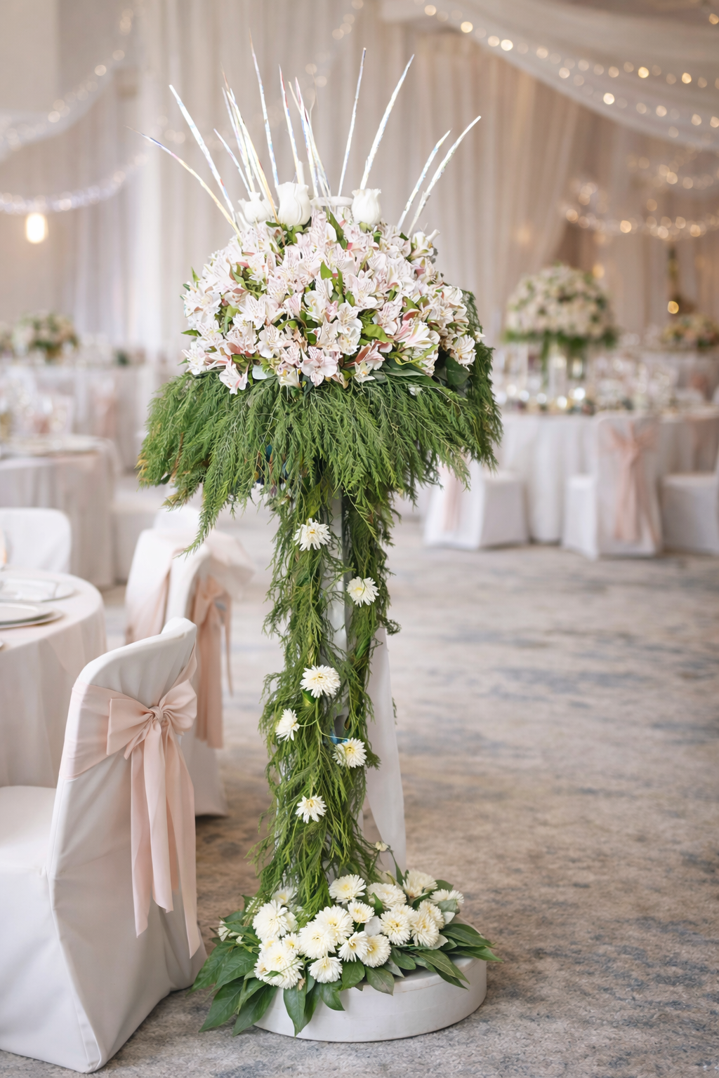 Pedestal Floral Elegancia Nupcial – Arreglo Alto para Bodas