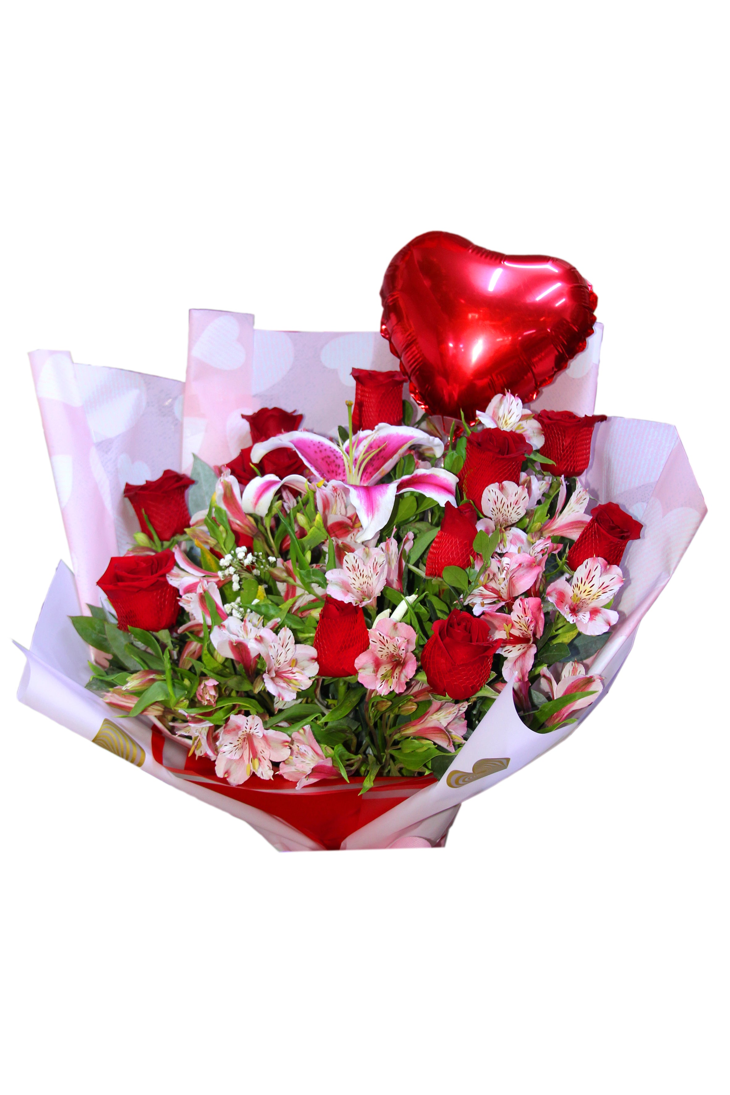 Bouquet Rosas Rojas con Lirios y Globo