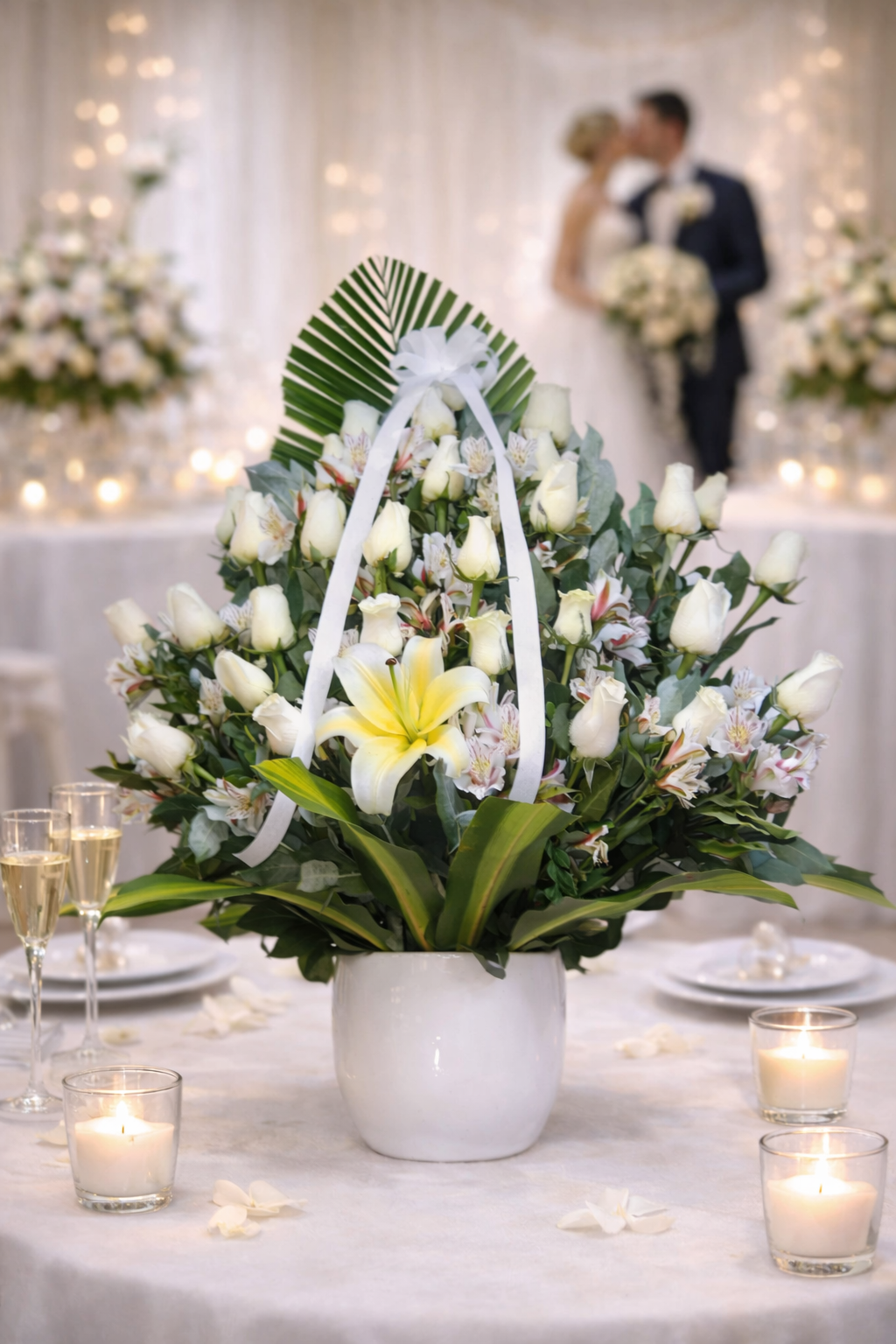 Centro Floral con Rosas Blancas y Lirio Amarillo