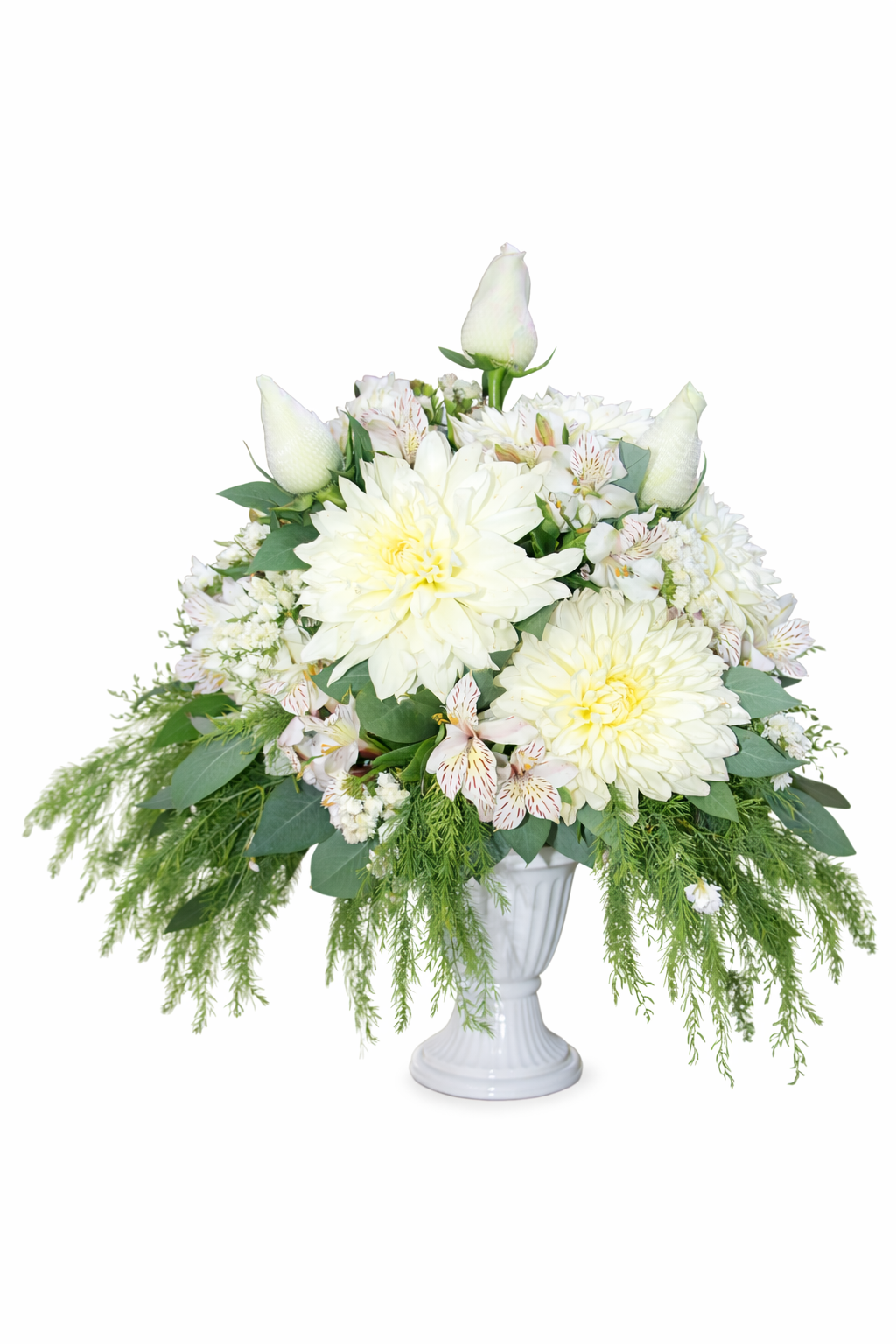 Arreglo de Rosas Blancas, Dahlias y Alstroemerias