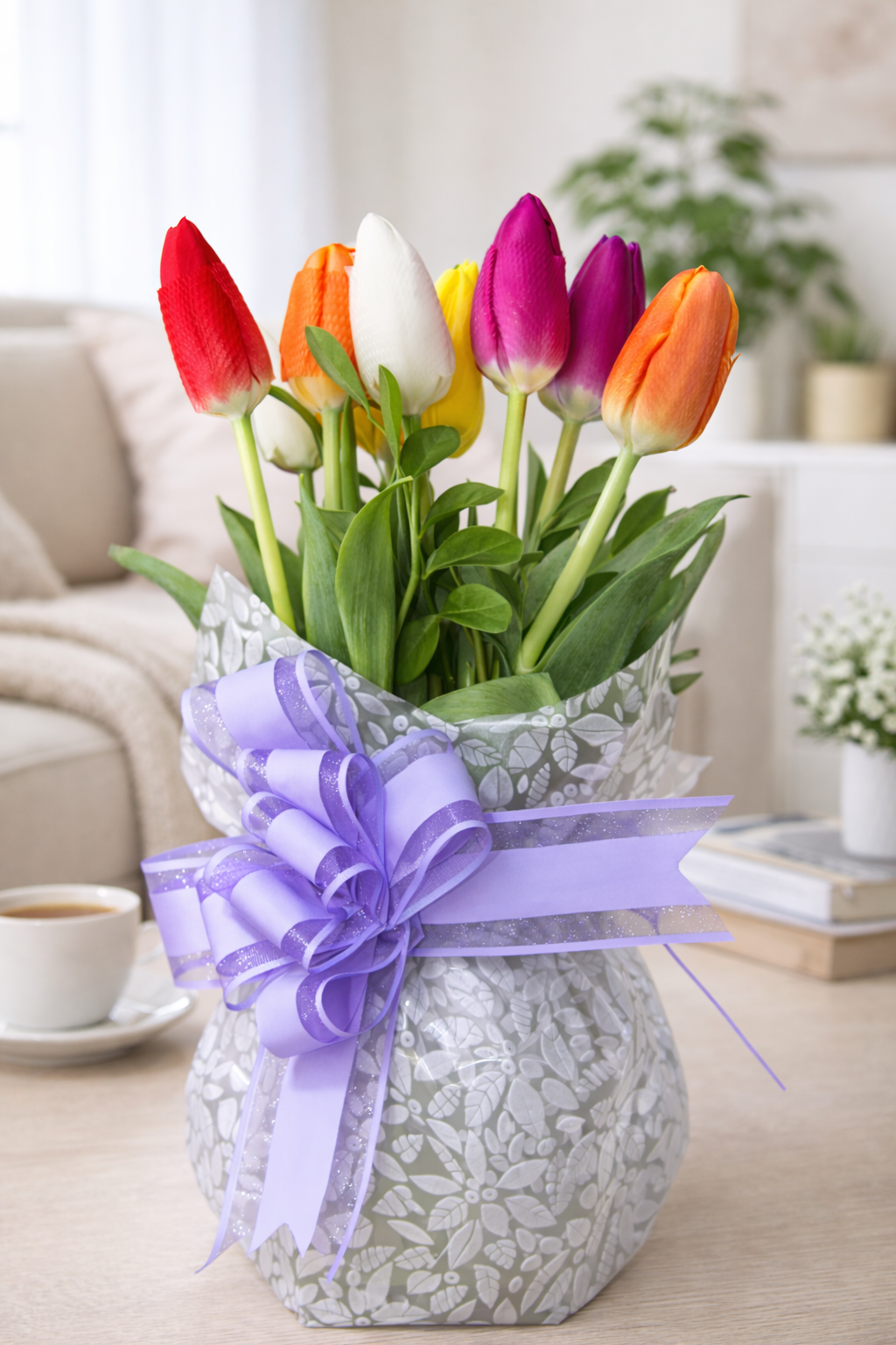 Tulipanes Deluxe con Lazo Lila – Arreglo Fresco y Elegante